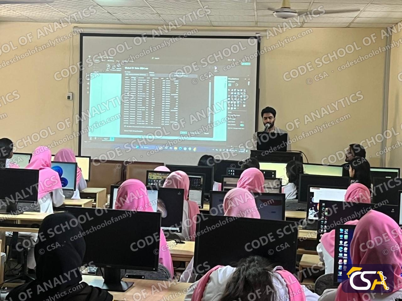 Students following a hands-on data session in the computer lab at Fizaia College Rawalpindi